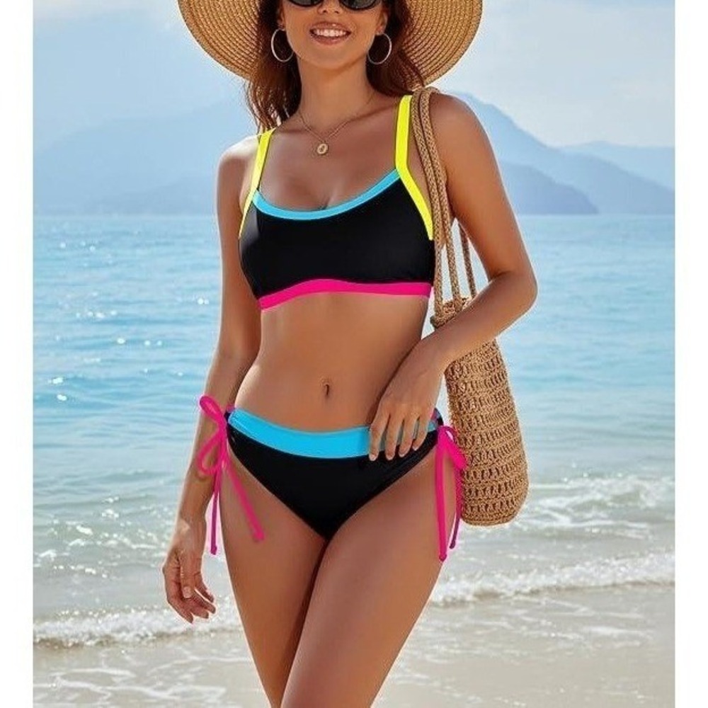 BMJL Womens Colorblock Bikini Set Neon Black‎ Pink Blue Yellow Size Medium NEW